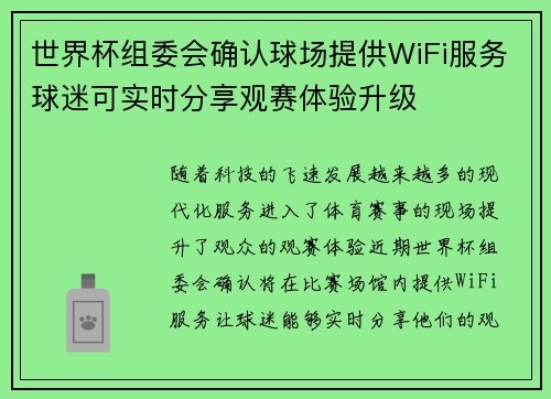 世界杯组委会确认球场提供WiFi服务球迷可实时分享观赛体验升级